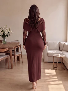 Cirelune Sexy Lace Patchwork Square Neck Backless Long Sleeve Slim Fit Waist-Cinched Slit Elegant Evening Dress Plus Size Dress For Women Fall - Brown - View 3