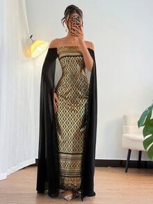 Rafferiza Elegant & Graceful Islamic Black & Gold Color Block Sleeveless Fitted Dress, Shoulder-Less, Long Sleeve Gown For Women Fall Cloth For Women - Black Gold - View 9