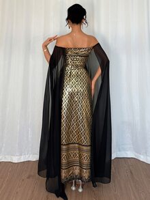 Rafferiza Elegant & Graceful Islamic Black & Gold Color Block Sleeveless Fitted Dress, Shoulder-Less, Long Sleeve Gown For Women Fall Cloth For Women - Black Gold - View 5