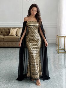 Rafferiza Elegant & Graceful Islamic Black & Gold Color Block Sleeveless Fitted Dress, Shoulder-Less, Long Sleeve Gown For Women Fall Cloth For Women - Black Gold - View 1