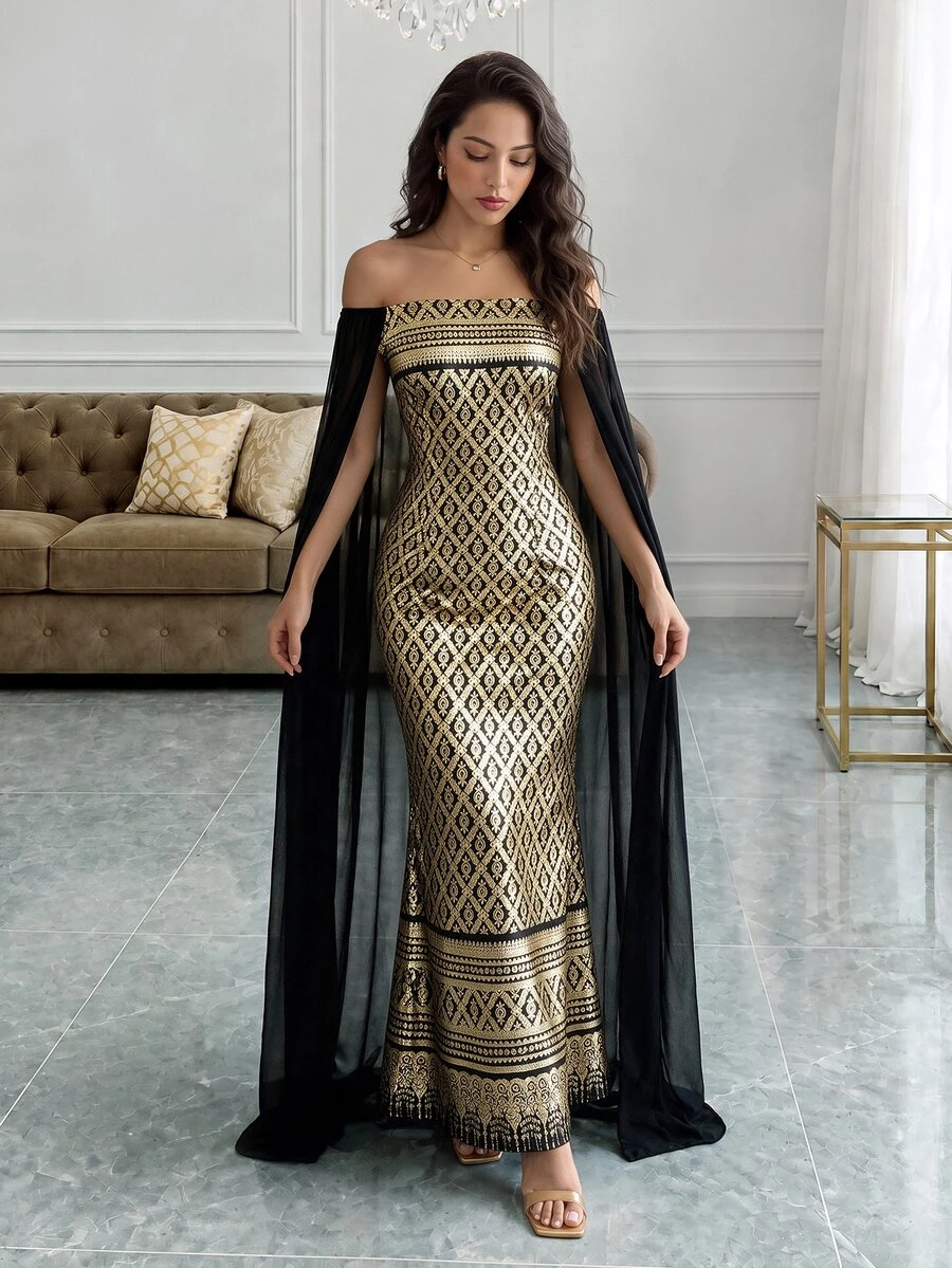 Rafferiza Elegant & Graceful Islamic Black & Gold Color Block Sleeveless Fitted Dress, Shoulder-Less, Long Sleeve Gown For Women Fall Cloth For Women - Black Gold - View 1
