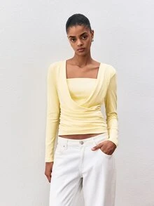 ATUI Studio Women's Korean Style Pleated Long Sleeve T-Shirt For Daily Wear - Yellow - View 4
