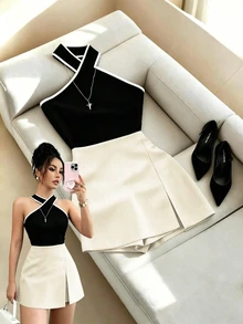 Rafferiza Women's Black Contrast Color Cross Neck Top Paired With Grey Double-Layer Elegant Pants, 2 Pieces Outfit For Spring/Summer Daily Commute - Apricot - View 2
