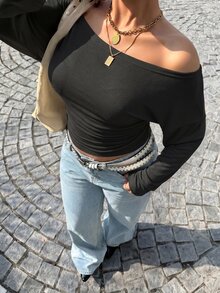 Muchica Plus Size Women's Off-Shoulder Long Sleeve Solid Color Casual Fashion T-Shirt Fall - Black - View 6