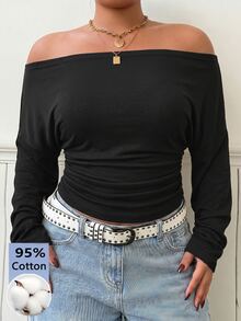 Muchica Plus Size Women's Off-Shoulder Long Sleeve Solid Color Casual Fashion T-Shirt Fall - Black - View 1