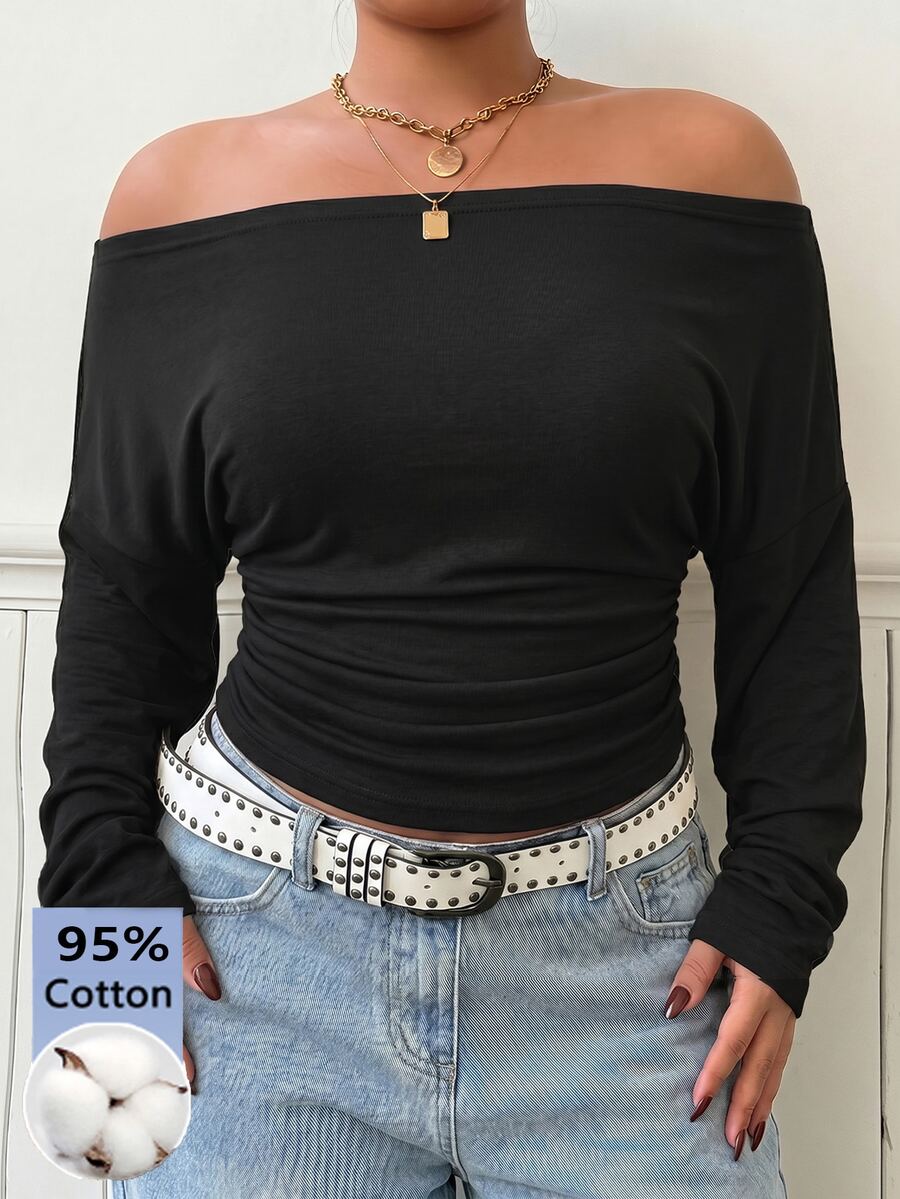 Muchica Plus Size Women's Off-Shoulder Long Sleeve Solid Color Casual Fashion T-Shirt Fall - Black - View 1