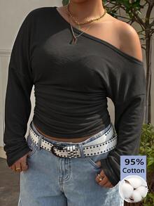 Muchica Plus Size Women's Off-Shoulder Long Sleeve Solid Color Casual Fashion T-Shirt Fall - Black - View 3
