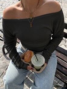 Muchica Plus Size Women's Off-Shoulder Long Sleeve Solid Color Casual Fashion T-Shirt Fall - Black - View 5