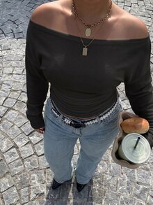 Muchica Plus Size Women's Off-Shoulder Long Sleeve Solid Color Casual Fashion T-Shirt Fall - Black - View 4