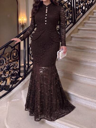 Cirelune Plus Size Women's Brown Long Sleeve Knit Lace Button-Up Cinched Waist Cheongsam Collar A-Line Elegant Top And Long Skirt 2 Pieces Set