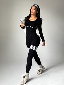 StreetHx Women's Striped Long Sleeve Seamless Sports Jumpsuit - Black - View 5