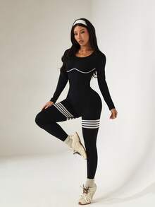 StreetHx Women's Striped Long Sleeve Seamless Sports Jumpsuit - Black - View 4
