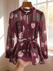 SHEIN Clasi Women's Fashion Vintage Romantic Elegant Floral Print Pleated Long Sleeve Blouse Brunch Tea Party Burgundy Summer - Burgundy - View 1