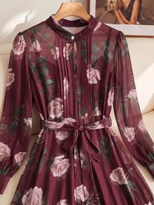 SHEIN Clasi Women's Fashion Vintage Romantic Elegant Floral Print Pleated Long Sleeve Blouse Brunch Tea Party Burgundy Summer - Burgundy - View 4