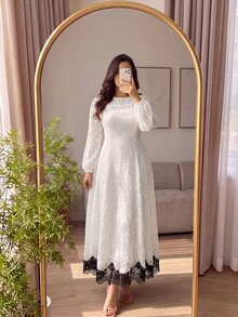 Cirelune Plus Size Women's Colorblock Round Neck Long Sleeve Elegant Lace Dress - White - View 1