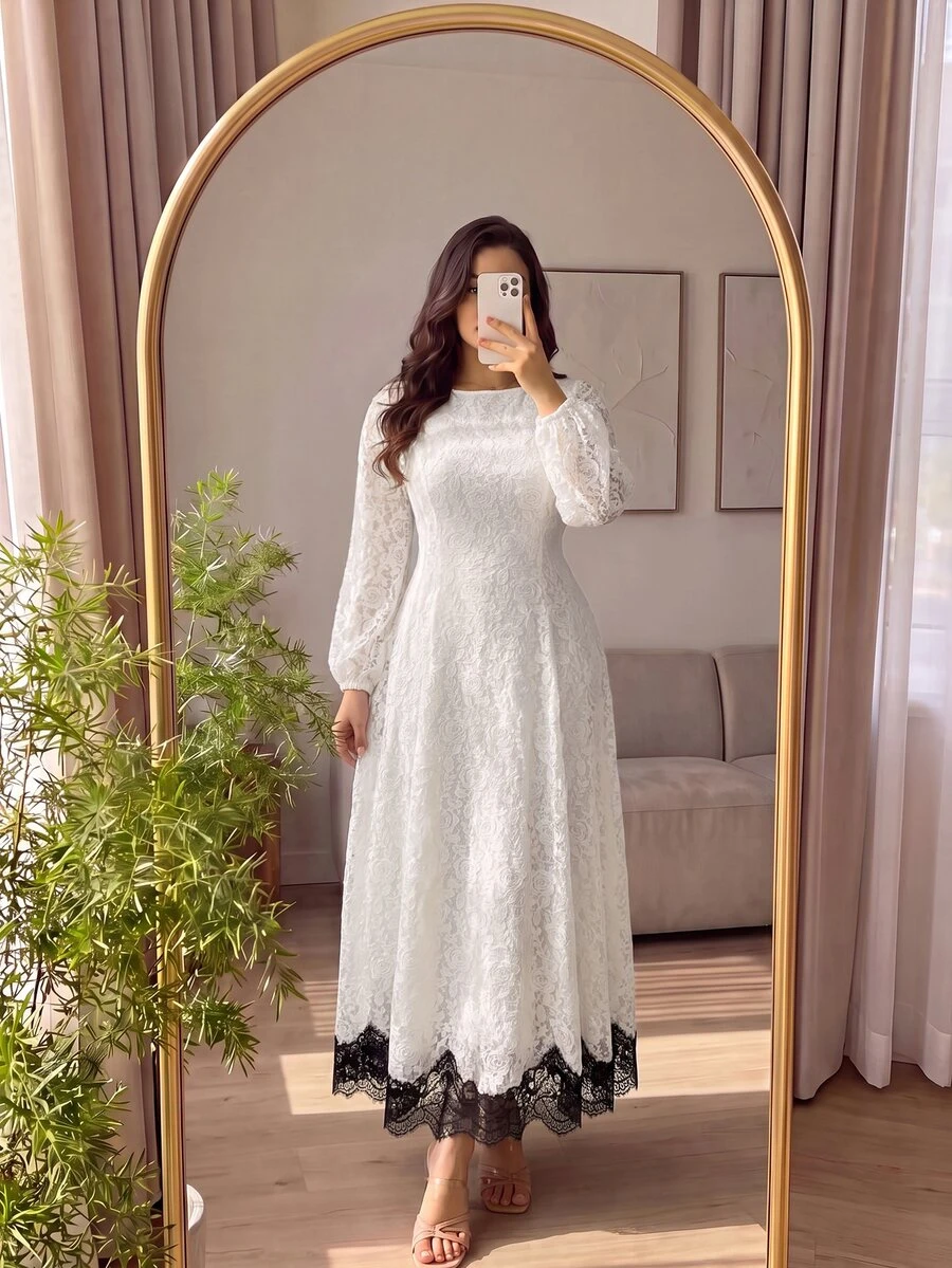 Cirelune Plus Size Women's Colorblock Round Neck Long Sleeve Elegant Lace Dress - White - View 1