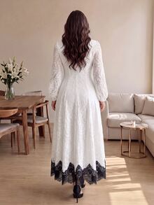 Cirelune Plus Size Women's Colorblock Round Neck Long Sleeve Elegant Lace Dress - White - View 2