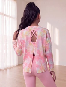 SHEIN 少女粉色與白色背後交叉設計露肩長袖上衣內搭背心內搭褲運動套裝 運動服 秋季健身休閒端莊 - 粉色 - 查看 2