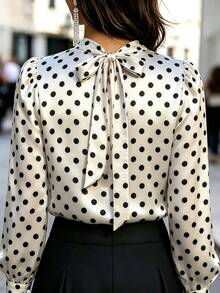 Balvessa Women's Polka Dot Pattern Cowl Neck Long Sleeve Elegant Blouse - Apricot - View 3