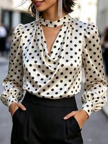 Balvessa Women's Polka Dot Pattern Cowl Neck Long Sleeve Elegant Blouse - Apricot - View 5