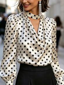 Balvessa Women's Polka Dot Pattern Cowl Neck Long Sleeve Elegant Blouse - Apricot - View 6