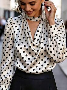Balvessa Women's Polka Dot Pattern Cowl Neck Long Sleeve Elegant Blouse - Apricot - View 4