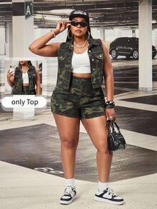 SHEIN Unity Plus Size Women Denim Sleeveless Jacket With Jacquard Pattern, Sexy & Stylish Summer, Festival Vacation - Multicolor - View 10