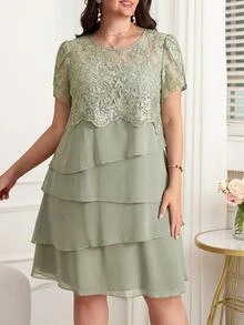 Reflora Plus Size Summer Elegant Solid Color Lace Patchwork Dress - Green - View 5