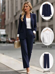 SHEIN Women Casual Stripe Color Block Lapel Collar Blazer, Camisole & Skinny Suit Pants 3-Piece Set Fall Cloth For Women - Royal Blue - View 3