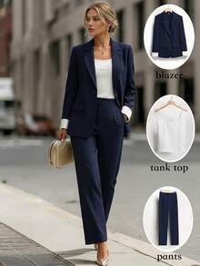 SHEIN Women Casual Stripe Color Block Lapel Collar Blazer, Camisole & Skinny Suit Pants 3-Piece Set Fall Cloth For Women - Royal Blue - View 1