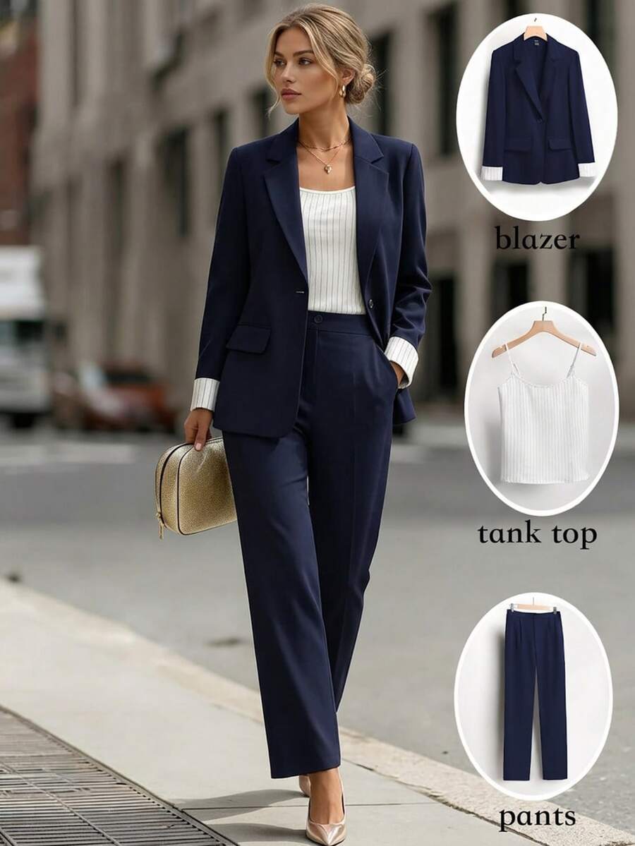 SHEIN Women Casual Stripe Color Block Lapel Collar Blazer, Camisole & Skinny Suit Pants 3-Piece Set Fall Cloth For Women - Royal Blue - View 1