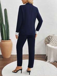 SHEIN Women Casual Stripe Color Block Lapel Collar Blazer, Camisole & Skinny Suit Pants 3-Piece Set Fall Cloth For Women - Royal Blue - View 2