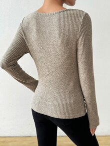 Rafferiza Retro Asymmetrical Draped Neck Ruched Textured Fitted Long Sleeve T-Shirt Fall Cloth For Women - Apricot - View 4
