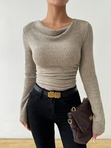 Rafferiza Retro Asymmetrical Draped Neck Ruched Textured Fitted Long Sleeve T-Shirt Fall Cloth For Women - Apricot - View 8