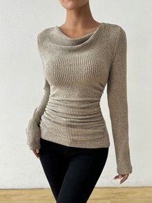 Rafferiza Retro Asymmetrical Draped Neck Ruched Textured Fitted Long Sleeve T-Shirt Fall Cloth For Women - Apricot - View 5