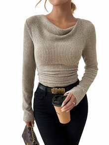 Rafferiza Retro Asymmetrical Draped Neck Ruched Textured Fitted Long Sleeve T-Shirt Fall Cloth For Women - Apricot - View 3
