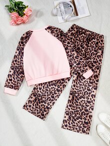 SHEIN 青少年女孩抓絨秋季套裝，長袖粉色與棕色羅紋袖口、下擺與領口，側面飾帶，蝴蝶結可愛牛仔女孩校園假期風 - 粉色 - 查看 7