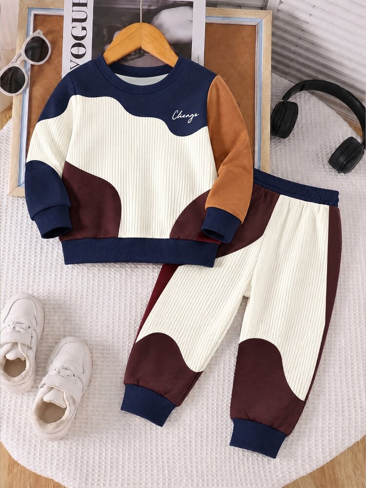 2pcs/Set Setelan Sweatshirt Kasual Nyaman untuk Anak Laki-laki, Motif Cetak Digital, Atasan Lengan Panjang, Pakaian Musim Gugur/Dingin, Setelan Sweatshirt dan Celana Olahraga Leher Bulat Warna Biru Tua & Cokelat Aprikot. - MultiWarna - View 3