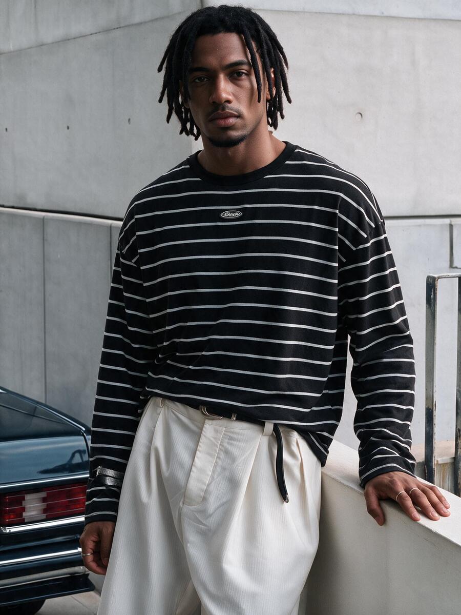 FRESIVO Men Round Neck Color Block Striped Long Sleeve Tee, Off Campus School, Fall Black And White Streetwear - Black and White - View 1