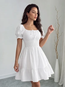 Rafferiza Summer Casual Solid Color Puff Sleeve Fitted Waist Dress - White - View 1