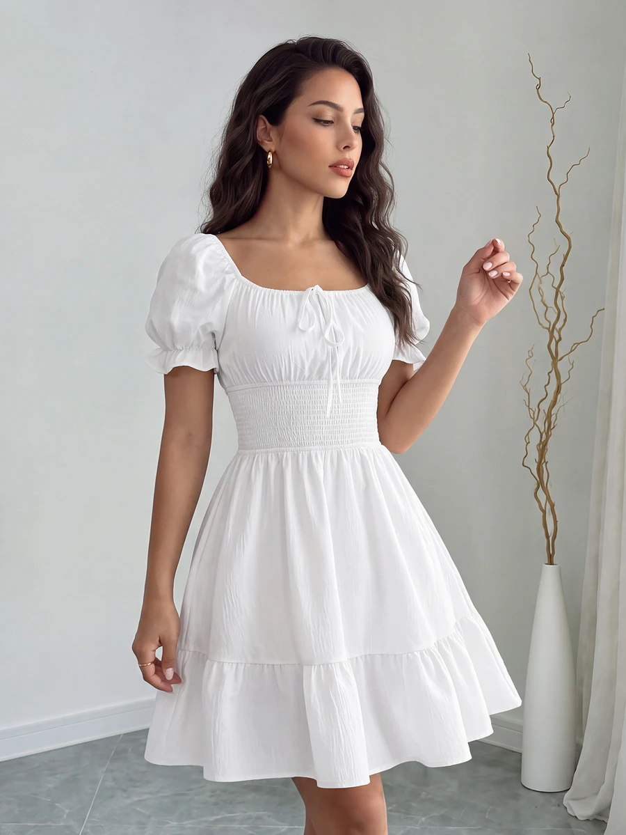 Rafferiza Summer Casual Solid Color Puff Sleeve Fitted Waist Dress - White - View 1