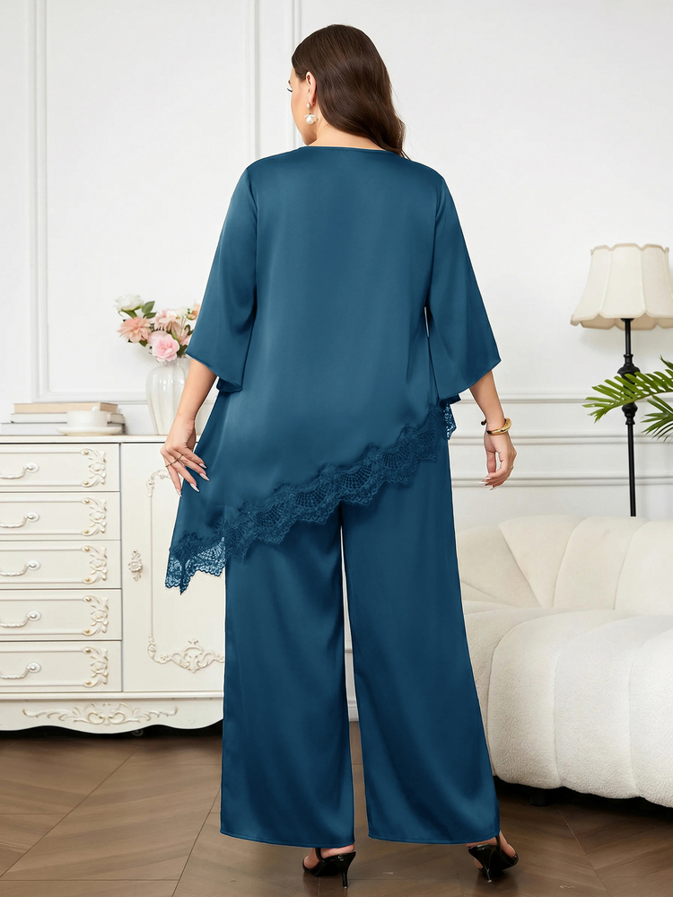 Reflora Plus Contrast Lace Asymmetrical Hem Satin Top Wide Leg Pants Fall Dinner Cocktail Formal Party Evening Teal Elegant - Blue - View 2