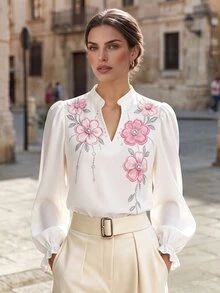 Balvessa Women's V-Neck Floral Print Elegant Petal Sleeve Long Sleeve Blouse - White - View 1