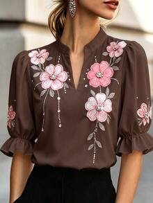 Balvessa Women's Floral Print Ruffle Cuff Casual Romantic Elegant Shirt Wedding Brunch Tea Party Brown Floral Summer - Coffee Brown - View 7