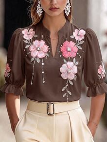 Balvessa Women's Floral Print Ruffle Cuff Casual Romantic Elegant Shirt Wedding Brunch Tea Party Brown Floral Summer - Coffee Brown - View 6