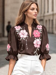 Balvessa Women's Floral Print Ruffle Cuff Casual Romantic Elegant Shirt Wedding Brunch Tea Party Brown Floral Summer - Coffee Brown - View 1