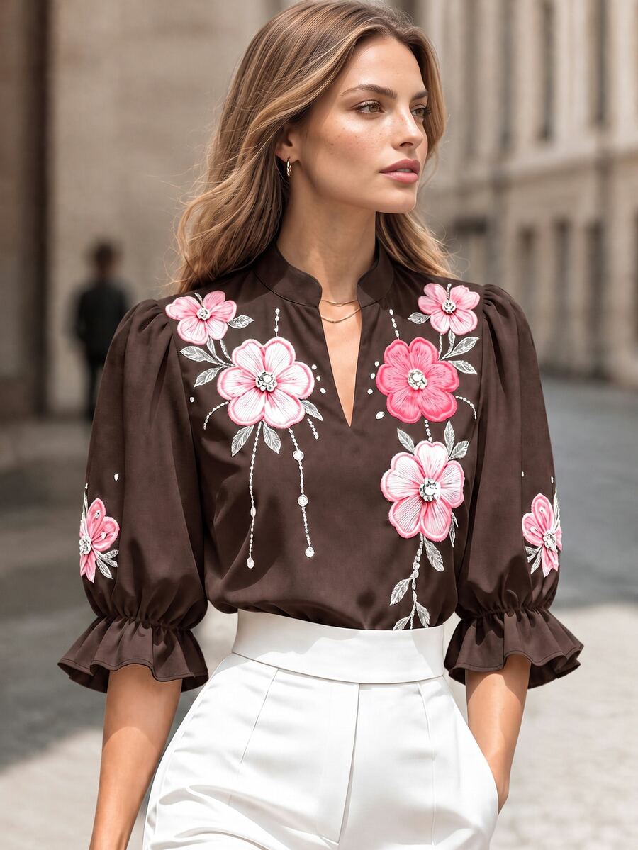 Balvessa Women's Floral Print Ruffle Cuff Casual Romantic Elegant Shirt Wedding Brunch Tea Party Brown Floral Summer - Coffee Brown - View 1