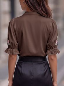 Balvessa Women's Floral Print Ruffle Cuff Casual Romantic Elegant Shirt Wedding Brunch Tea Party Brown Floral Summer - Coffee Brown - View 3
