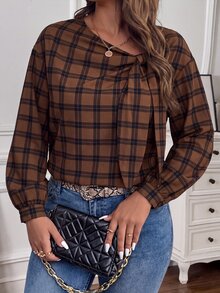 SHEIN LUNE CURVE Plus Size Women's Vintage Plaid Print Shirt With Tie Decor Fall - Multicolor - View 1