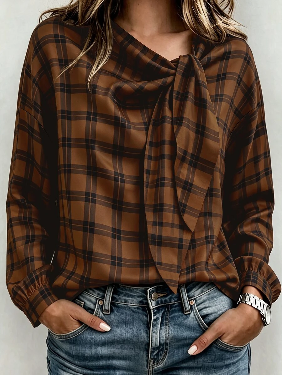 SHEIN LUNE CURVE Plus Size Women's Vintage Plaid Print Shirt With Tie Decor Fall - Multicolor - View 1